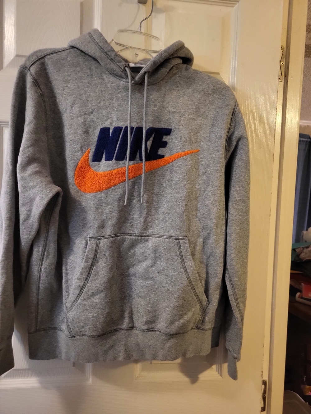 Mens Used Nike Gray Hoodie with Orange Swoosh and Navy Logo